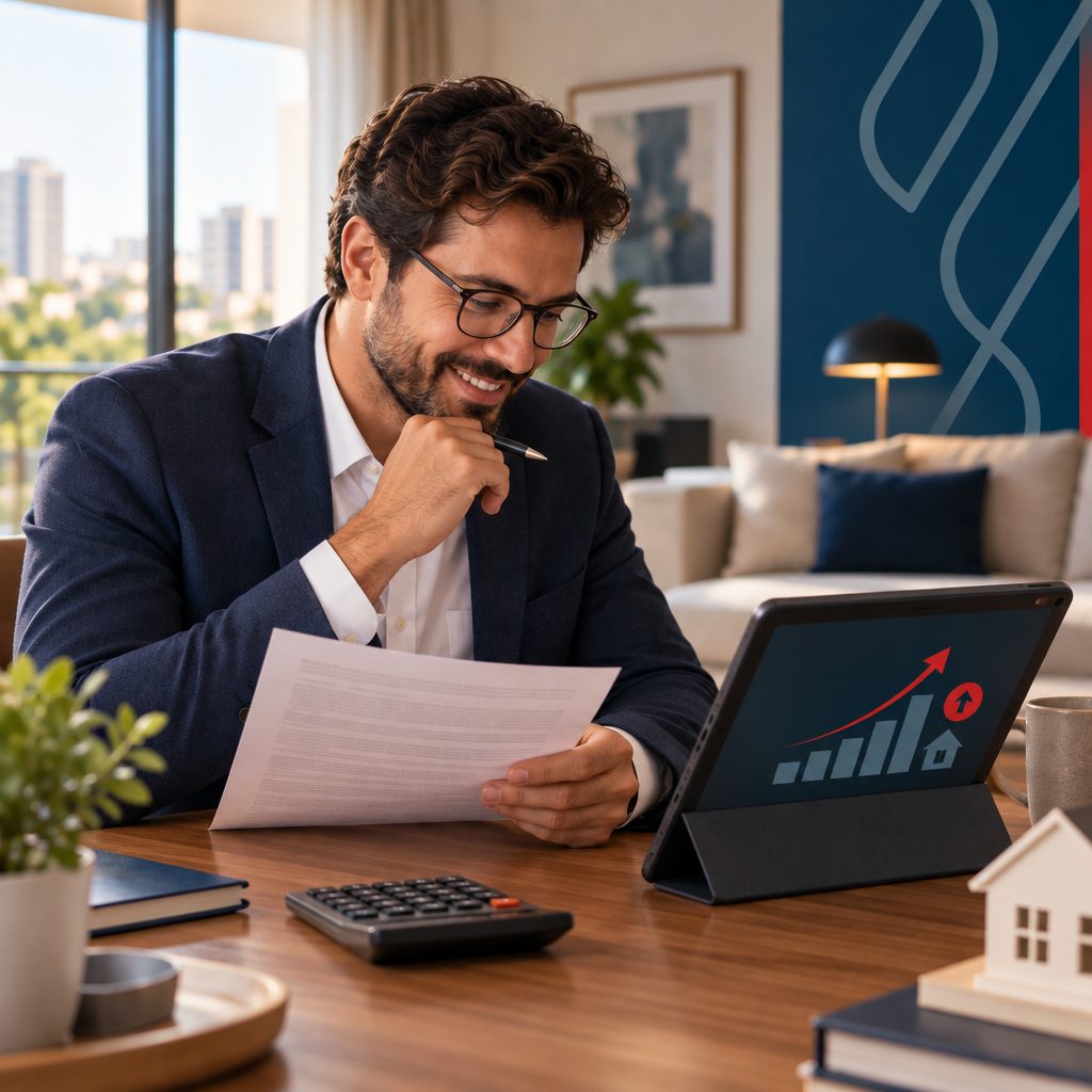 Homem analisando documentos e gráfico de ganho de capital na venda de imóvel