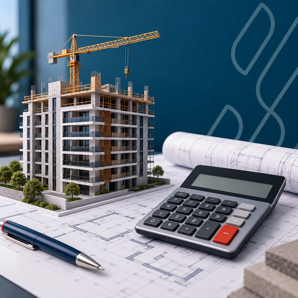 Prédio em construção com calculadora e planta, índice INCC