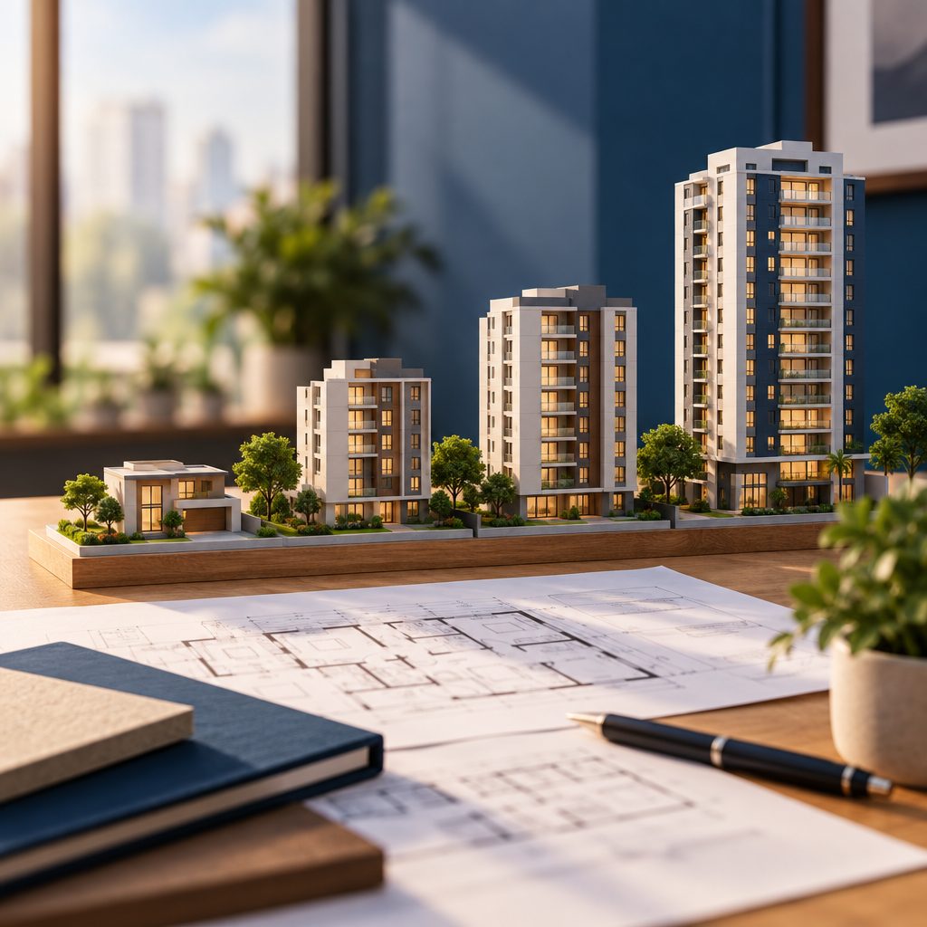 Maquete de prédios sobre plantas, ciclo de valorização imobiliária