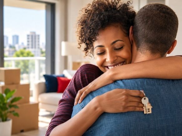 Casal se abraçando com a chave do primeiro apartamento na mão
