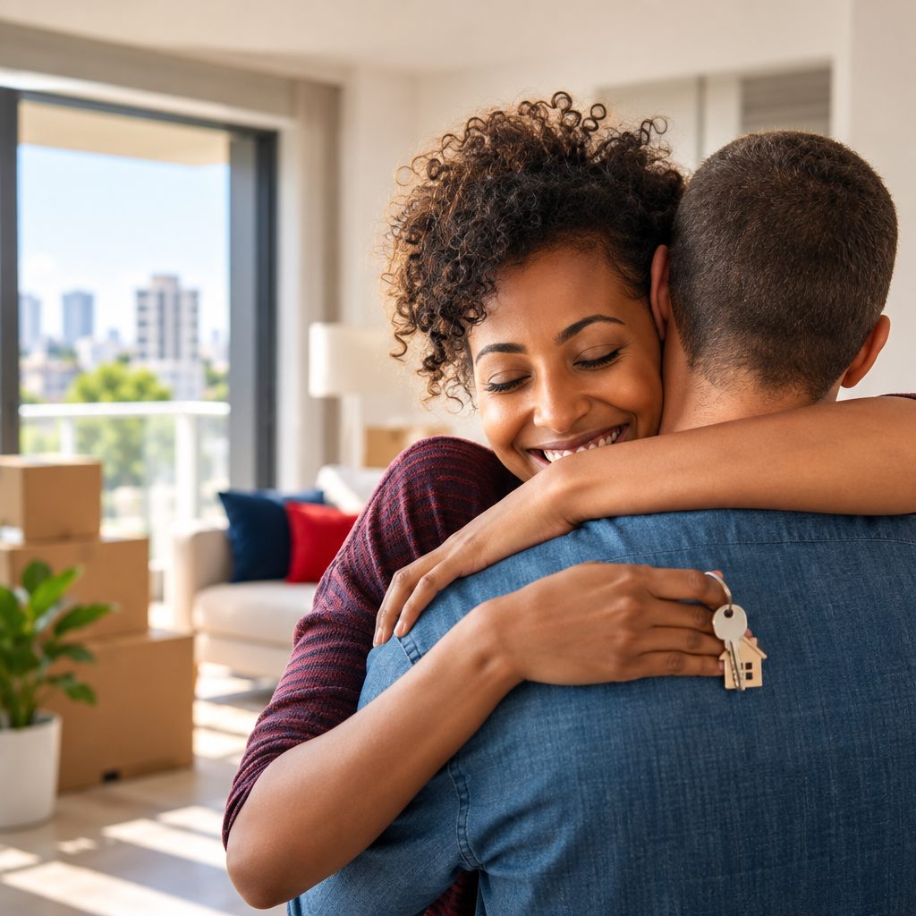 Casal se abraçando com a chave do primeiro apartamento na mão