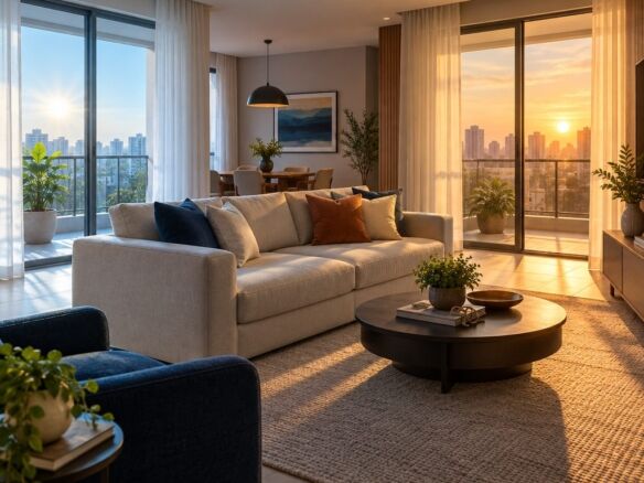 Sala de apartamento com sol entrando pela varanda, imóvel nascente ou poente