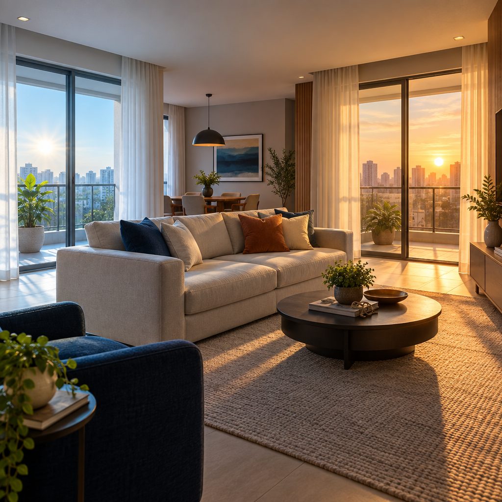 Sala de apartamento com sol entrando pela varanda, imóvel nascente ou poente