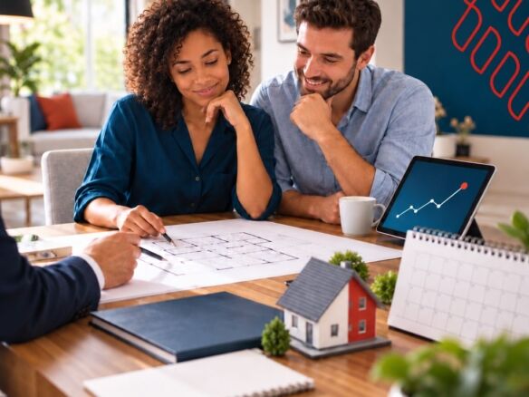 Casal planejando a compra do imóvel com calendário, planta e maquete de casa
