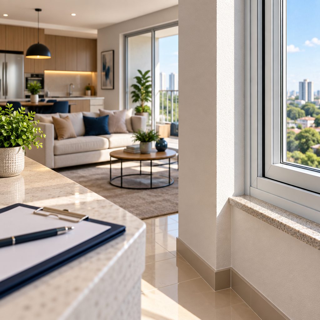Prancheta de checklist num apartamento claro durante a visita ao imóvel